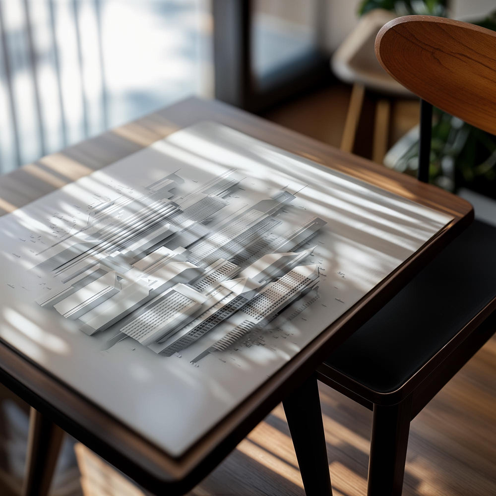 3D model of a city skyline on a white background, as a premium aluminum metal print from GoMetalPrint.
