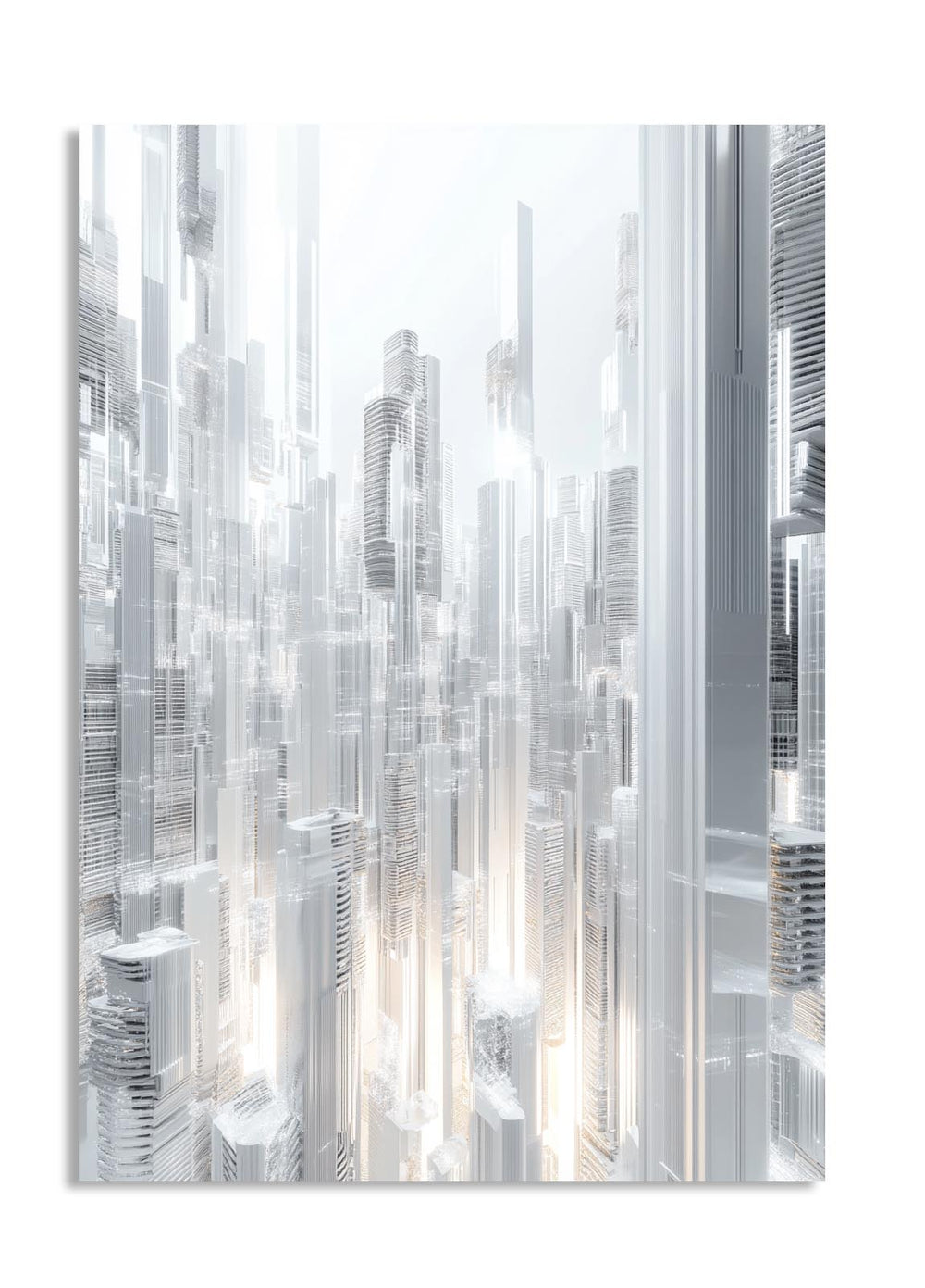 Abstract cityscape design with vertical lines on a white background, as a premium aluminum metal print from GoMetalPrint.
