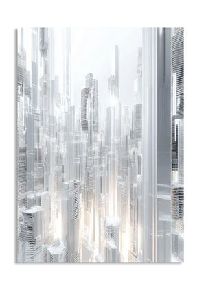 Abstract cityscape design with vertical lines on a white background, as a premium aluminum metal print from GoMetalPrint.
