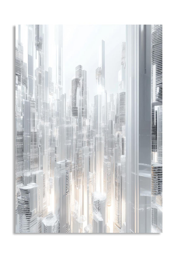 Abstract cityscape design with vertical lines on a white background, as a premium aluminum metal print from GoMetalPrint.
