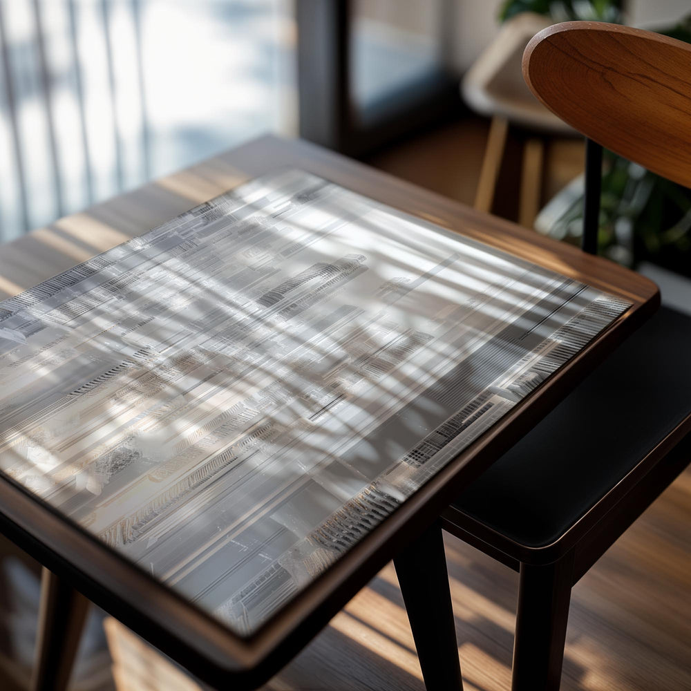 Abstract cityscape design with vertical lines on a white background, as a premium aluminum metal print from GoMetalPrint.
