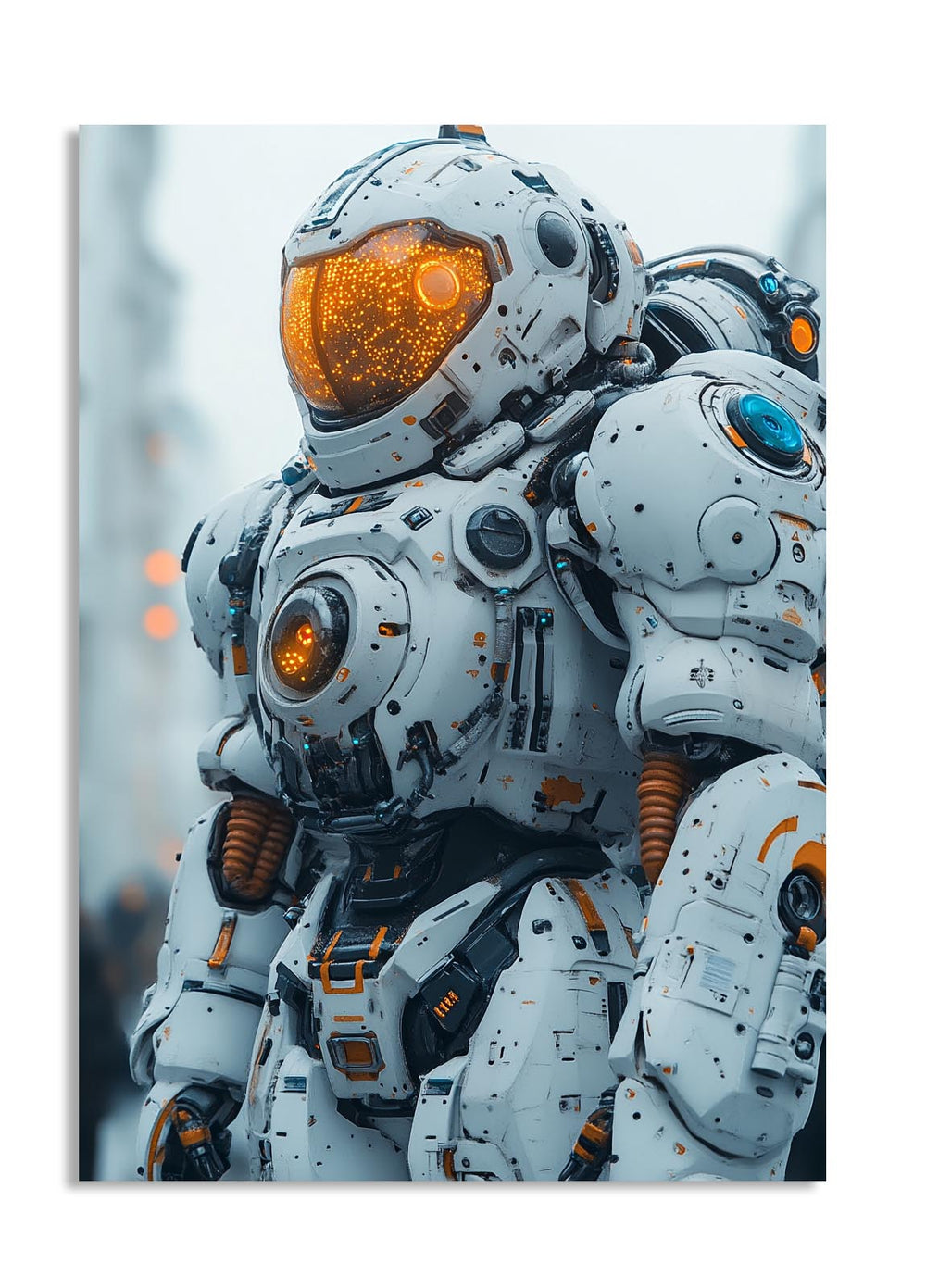 Close-up of a detailed robot with orange and gray colors on a white background, as a premium aluminum metal print from GoMetalPrint.

