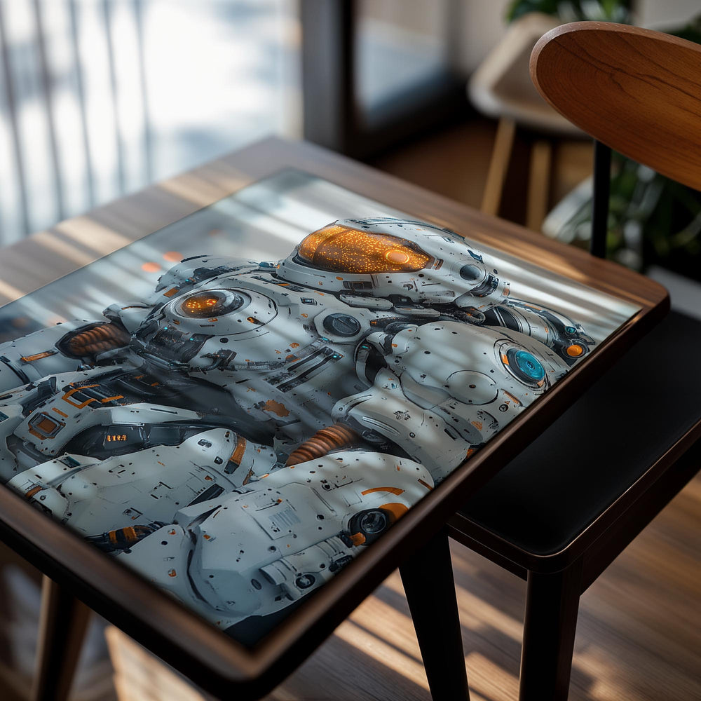 Close-up of a detailed robot with orange and gray colors on a white background, as a premium aluminum metal print from GoMetalPrint.
