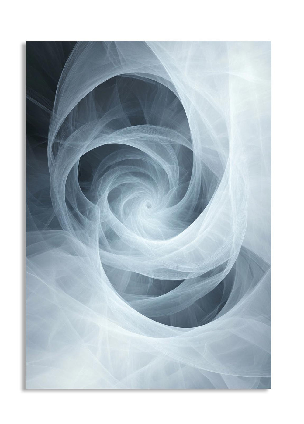 Abstract spiral design in gray tones on a white background, as a premium aluminum metal print from GoMetalPrint.
