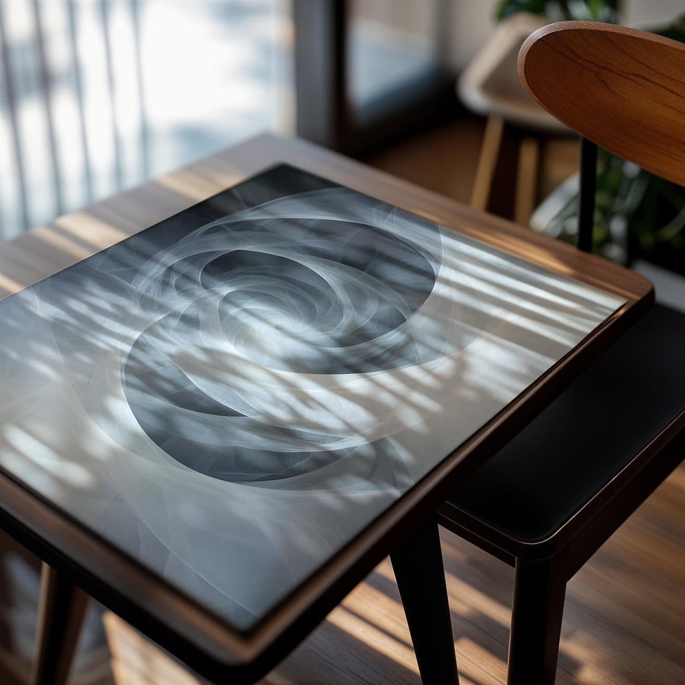 Abstract spiral design in gray tones on a white background, as a premium aluminum metal print from GoMetalPrint.
