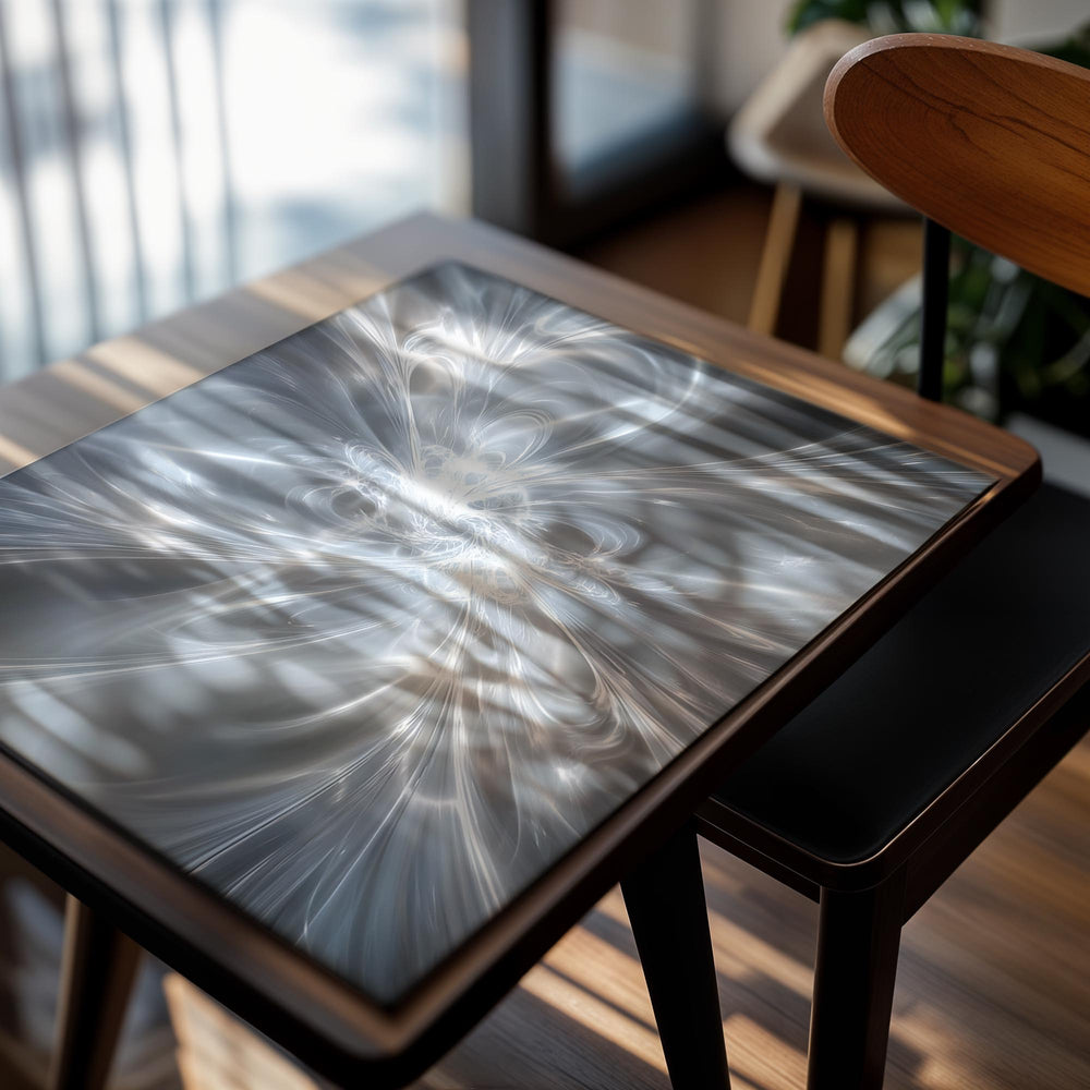 Abstract silver and white design on a white background, as a premium aluminum metal print from GoMetalPrint.
