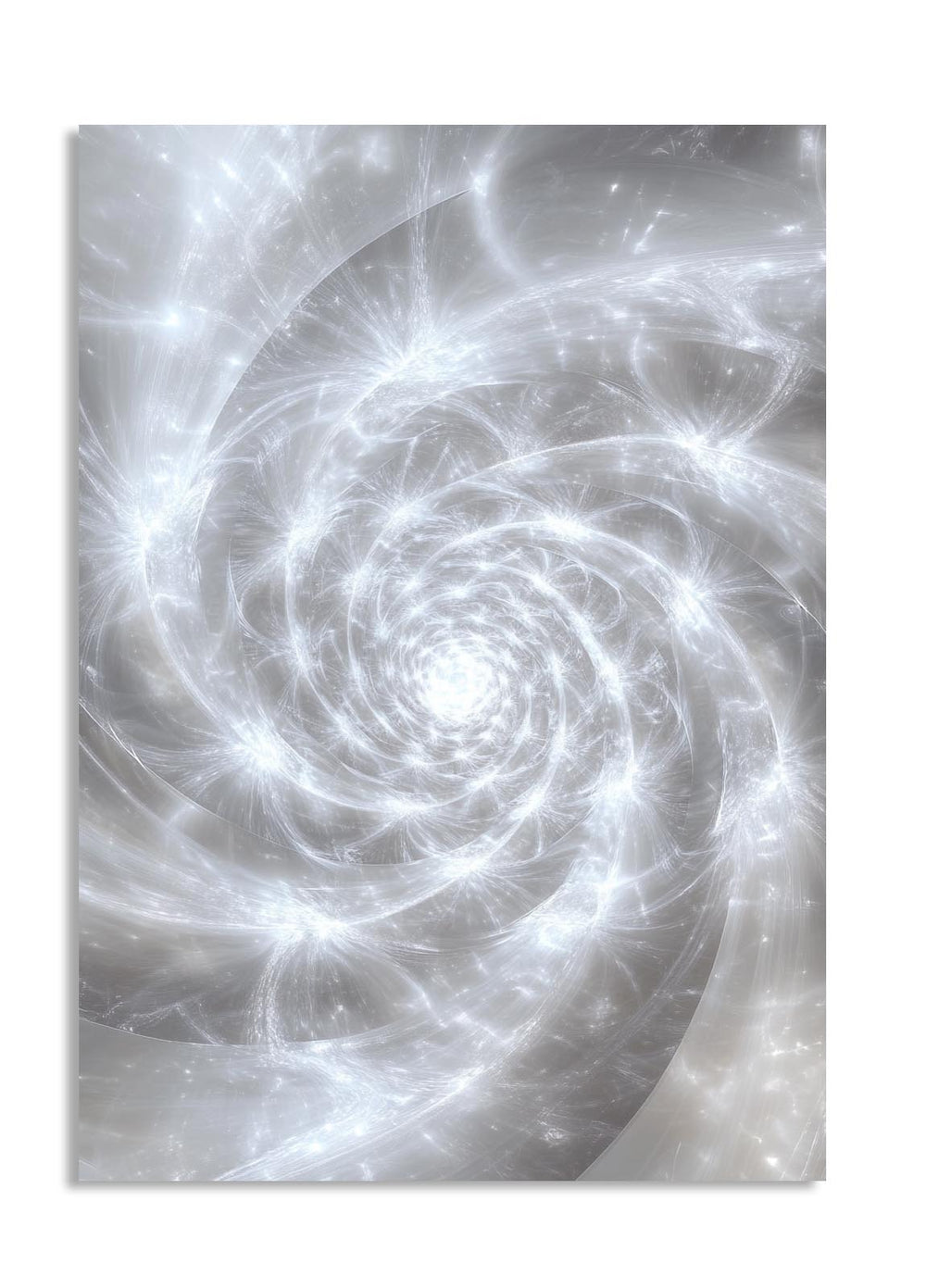 Abstract spiral design in white on a light gray background, as a premium aluminum metal print from GoMetalPrint.
