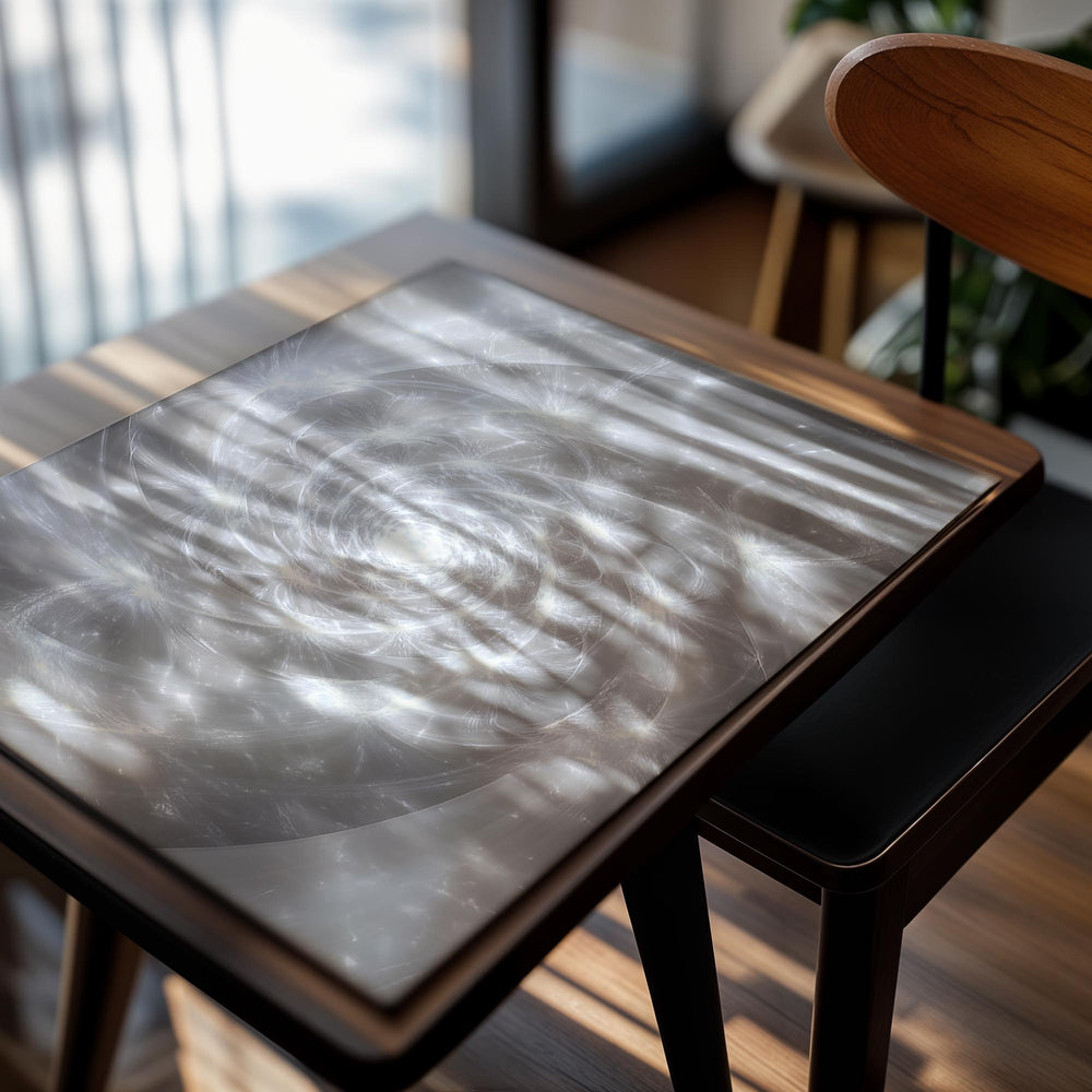 Abstract spiral design in white on a light gray background, as a premium aluminum metal print from GoMetalPrint.
