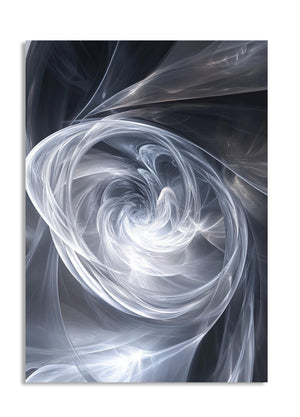 Abstract spiral design in white and gray on a dark background, as a premium aluminum metal print from GoMetalPrint.
