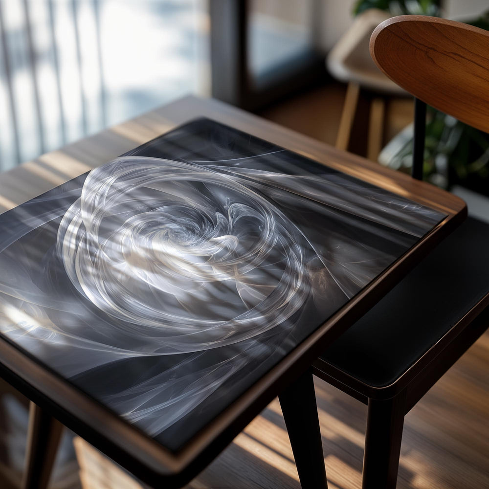 Abstract spiral design in white and gray on a dark background, as a premium aluminum metal print from GoMetalPrint.
