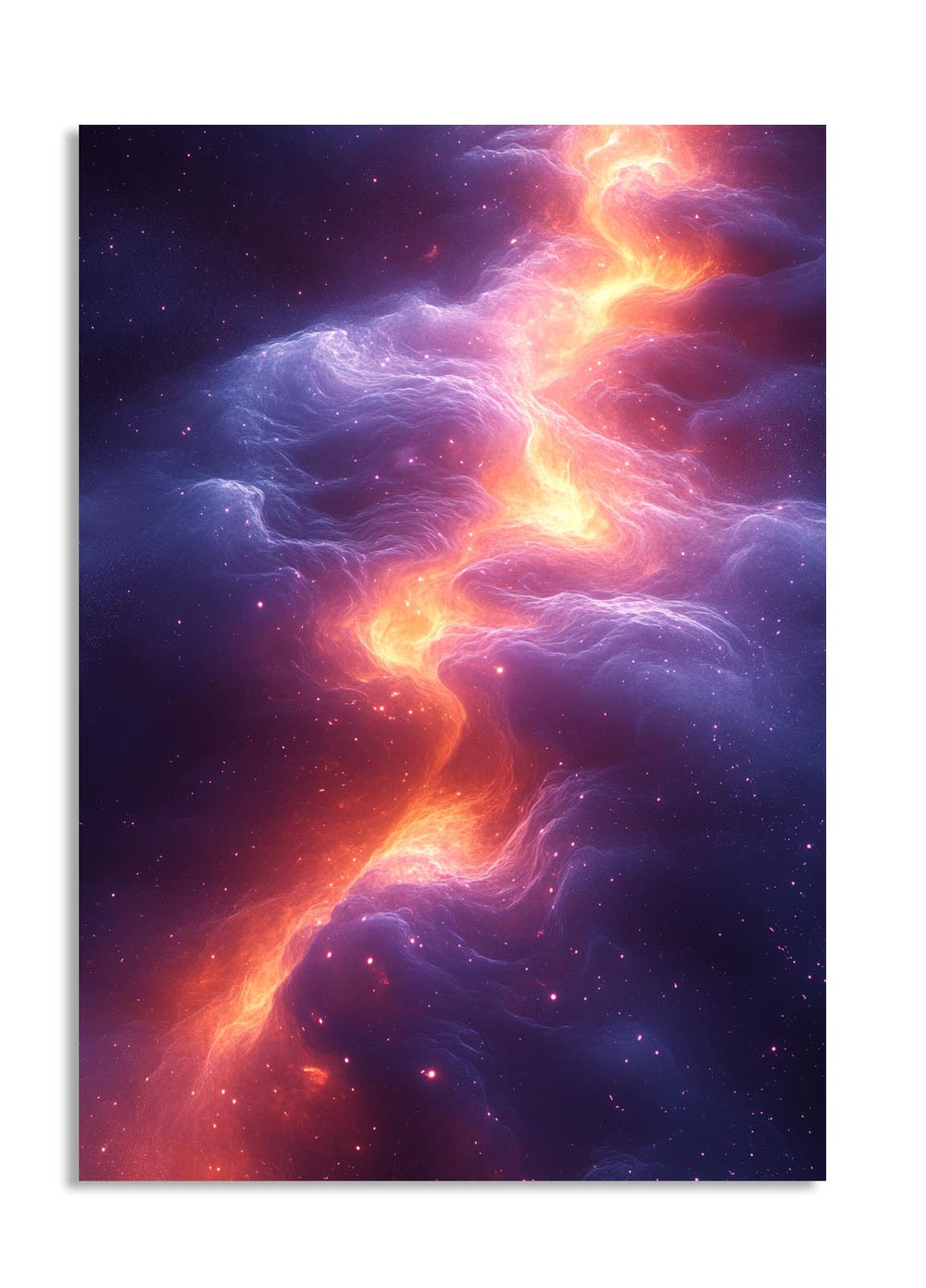 Colorful nebula with vibrant orange and purple hues against a dark background, as a premium aluminum metal print from GoMetalPrint.
