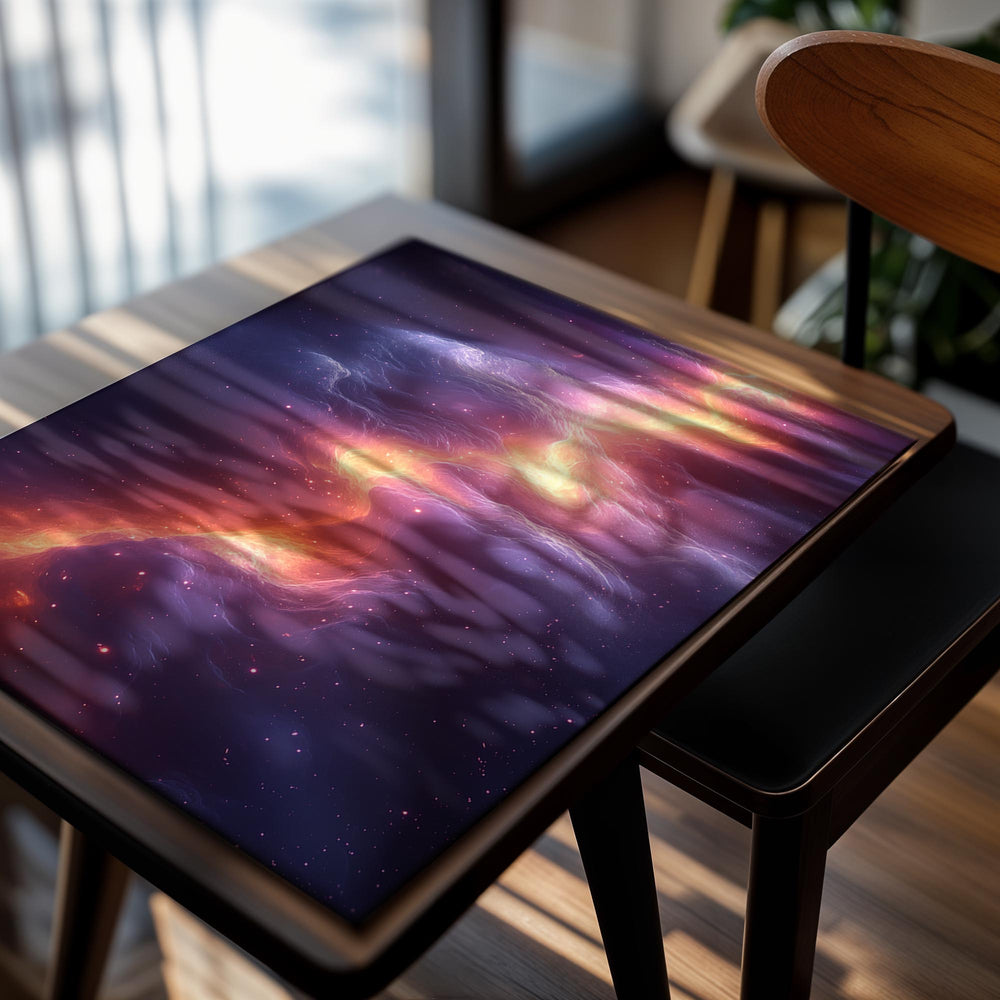 Colorful nebula with vibrant orange and purple hues against a dark background, as a premium aluminum metal print from GoMetalPrint.
