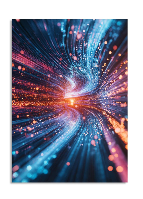 Colorful abstract design with swirling lights on a white background, as a premium aluminum metal print from GoMetalPrint.
