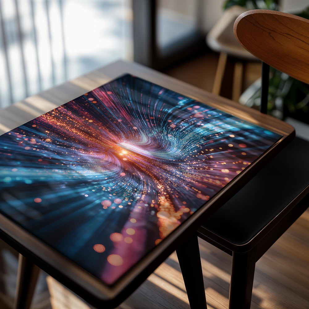 Colorful abstract design with swirling lights on a white background, as a premium aluminum metal print from GoMetalPrint.
