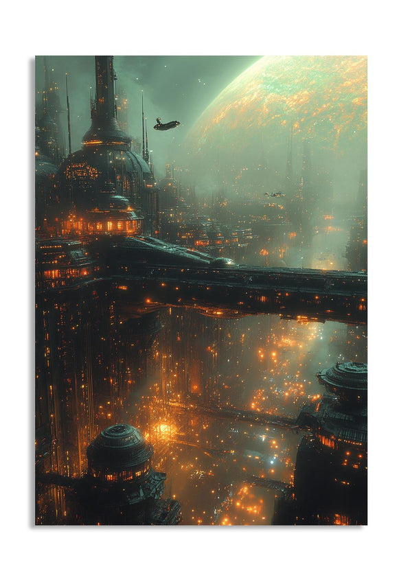 Futuristic cityscape with tall buildings and a large planet in the background, as a premium aluminum metal print from GoMetalPrint.
