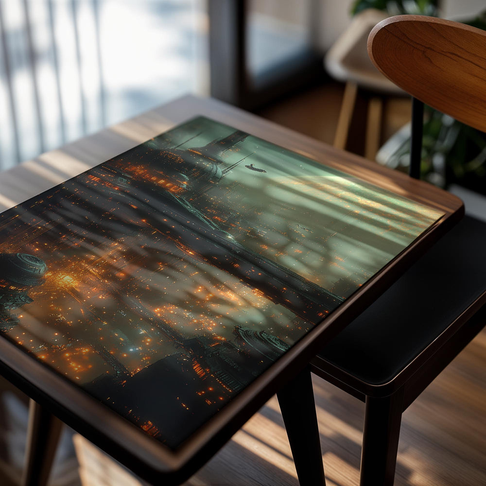 Futuristic cityscape with tall buildings and a large planet in the background, as a premium aluminum metal print from GoMetalPrint.
