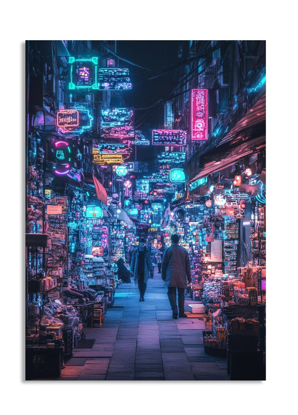 Neon-lit street scene with people walking through a vibrant urban alleyway, as a premium aluminum metal print from GoMetalPrint.
