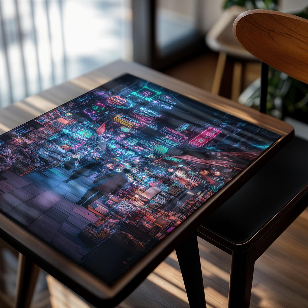 Neon-lit street scene with people walking through a vibrant urban alleyway, as a premium aluminum metal print from GoMetalPrint.
