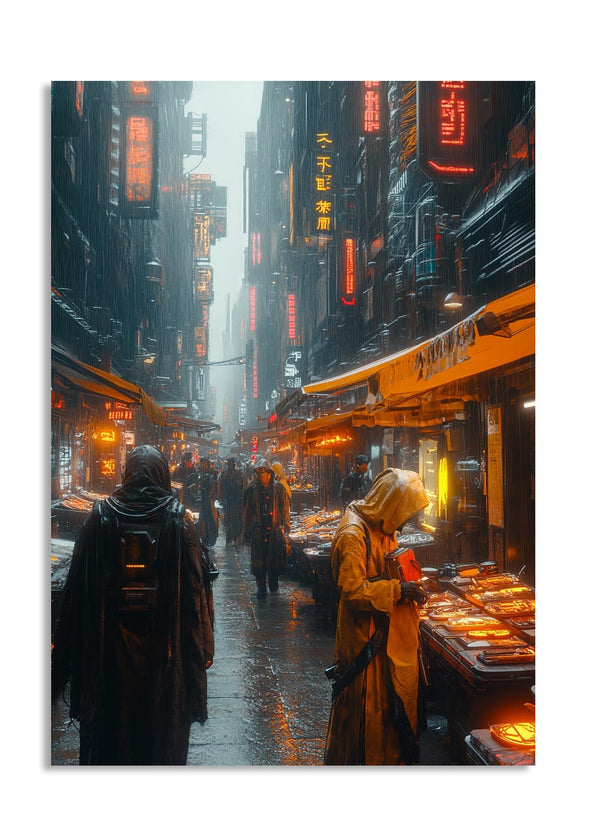 Futuristic city street with neon lights and people in raincoats, as a premium aluminum metal print from GoMetalPrint.
