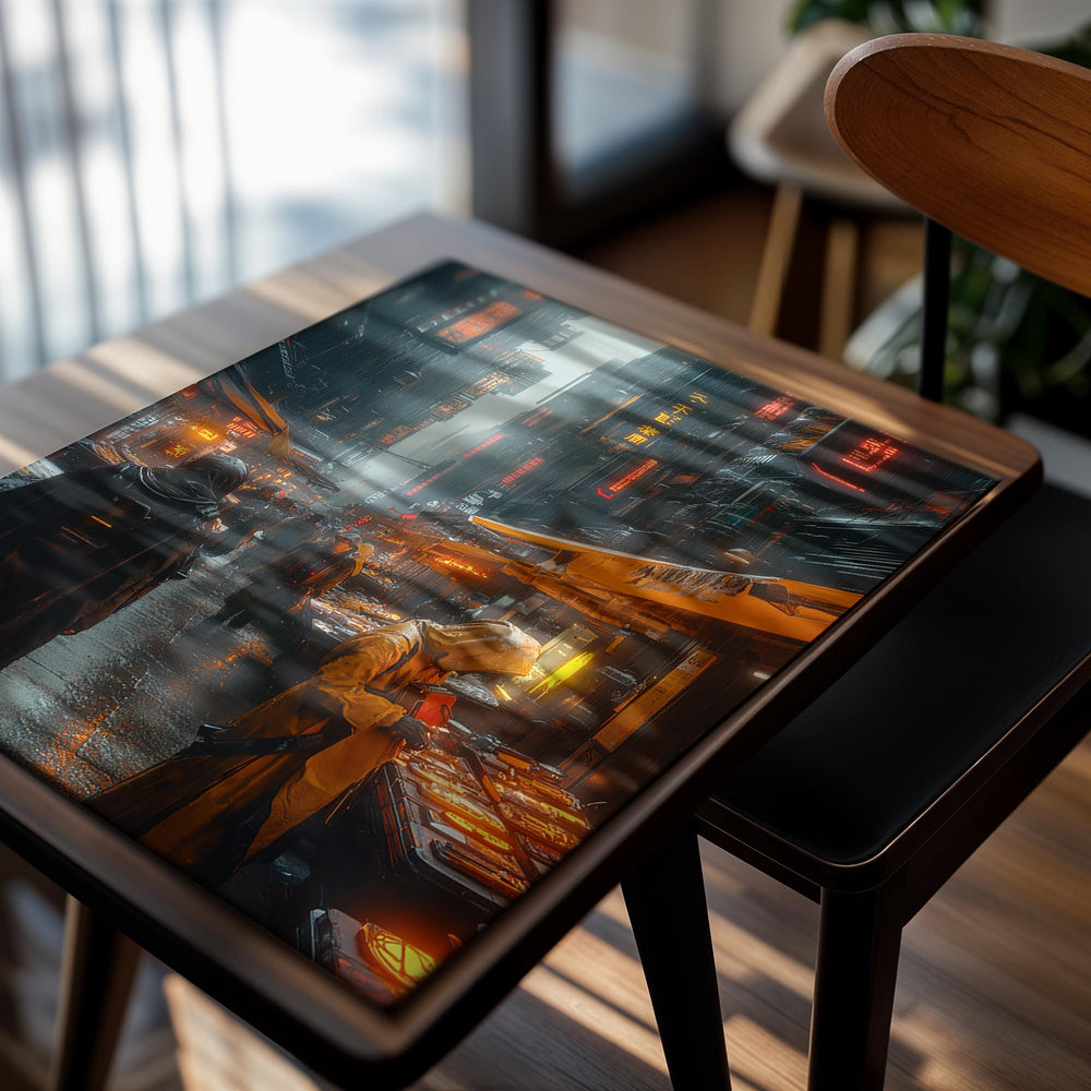 Futuristic city street with neon lights and people in raincoats, as a premium aluminum metal print from GoMetalPrint.
