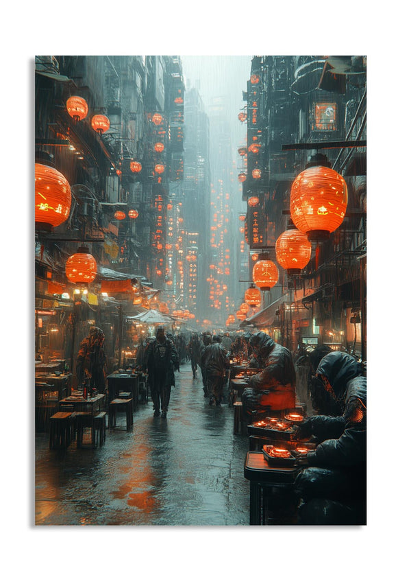 City street at night with orange lanterns and people walking, as a premium aluminum metal print from GoMetalPrint.