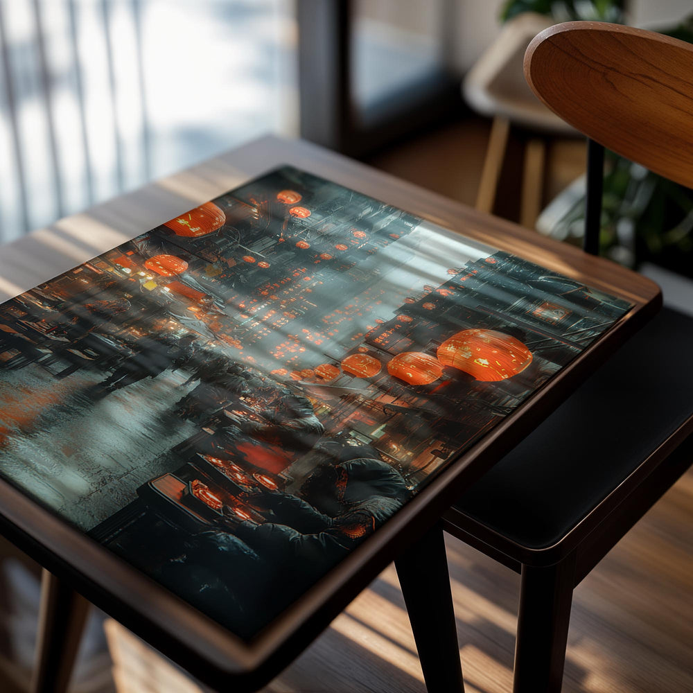 City street at night with orange lanterns and people walking, as a premium aluminum metal print from GoMetalPrint.