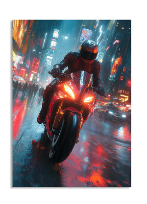 Motorcyclist on a wet city street at night with neon lights, as a premium aluminum metal print from GoMetalPrint.

