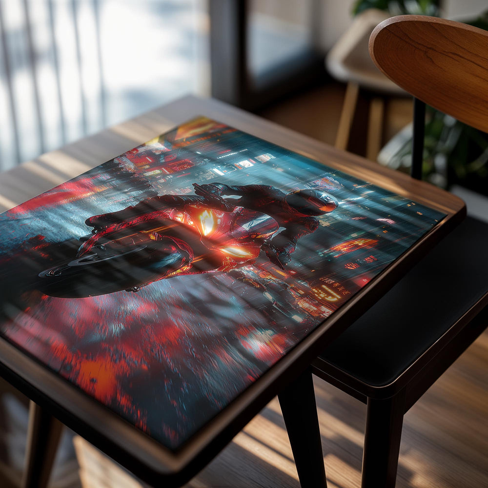 Motorcyclist on a wet city street at night with neon lights, as a premium aluminum metal print from GoMetalPrint.
