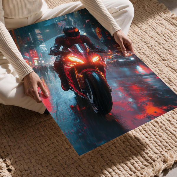 Motorcycle in Rainy Urban Scene