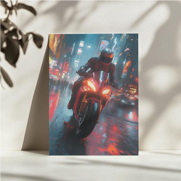 Motorcycle in Rainy Urban Scene