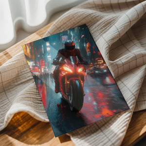 Motorcycle in Rainy Urban Scene