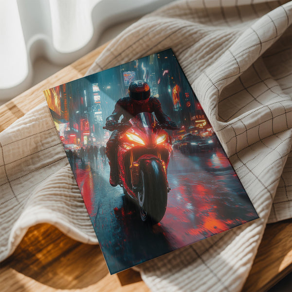 Motorcycle in Rainy Urban Scene