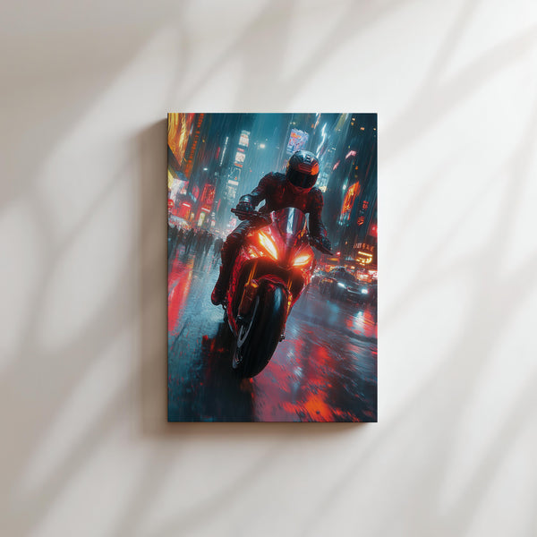 Motorcycle in Rainy Urban Scene