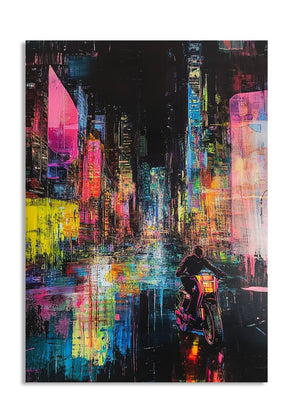 Colorful abstract cityscape with a person on a motorcycle, as a premium aluminum metal print from GoMetalPrint.
