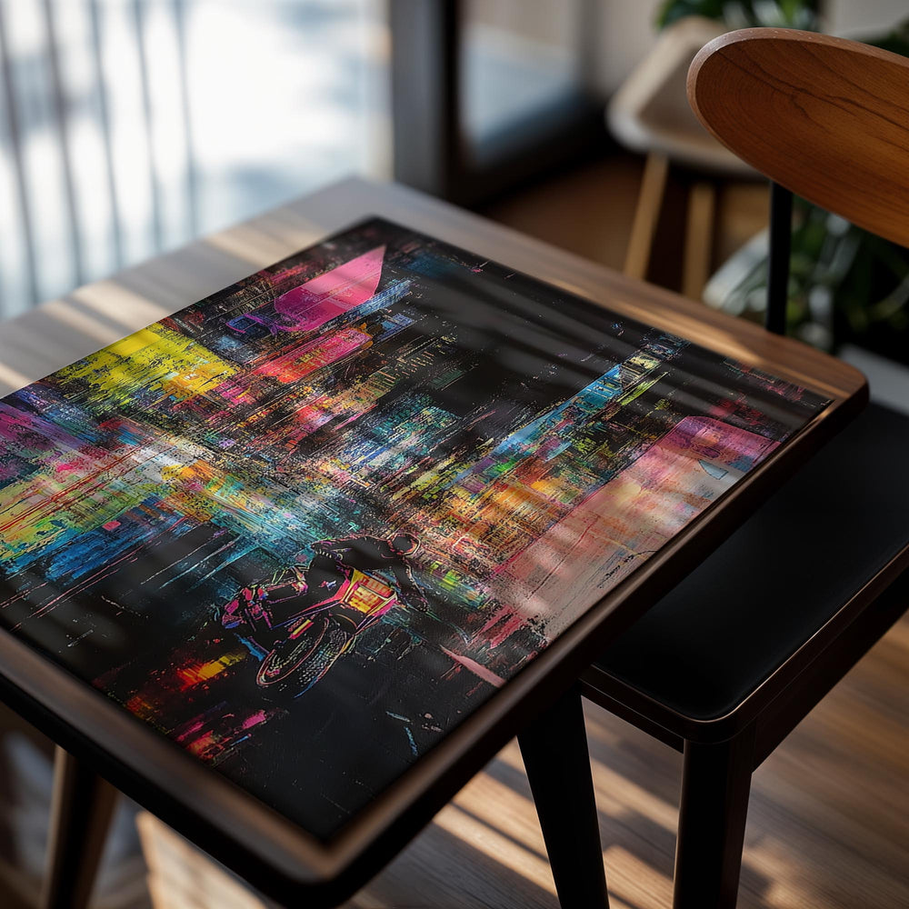 Colorful abstract cityscape with a person on a motorcycle, as a premium aluminum metal print from GoMetalPrint.
