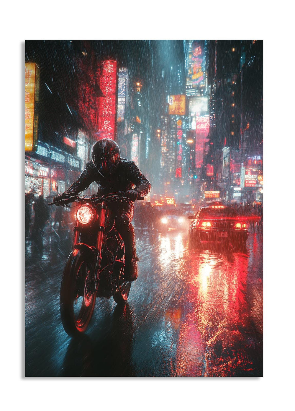 Person riding a motorcycle on a rainy city street with neon lights, as a premium aluminum metal print from GoMetalPrint.
