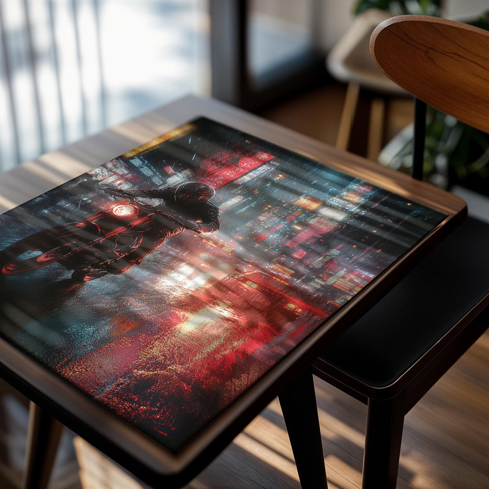 Person riding a motorcycle on a rainy city street with neon lights, as a premium aluminum metal print from GoMetalPrint.
