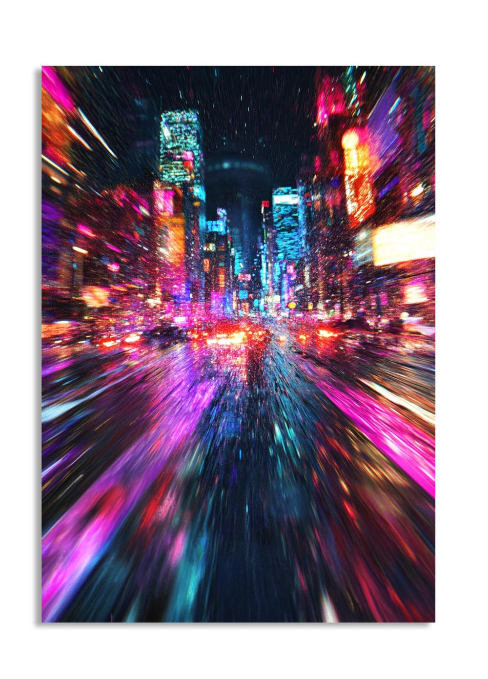 Colorful city street at night with blurred lights, as a premium aluminum metal print from GoMetalPrint.
