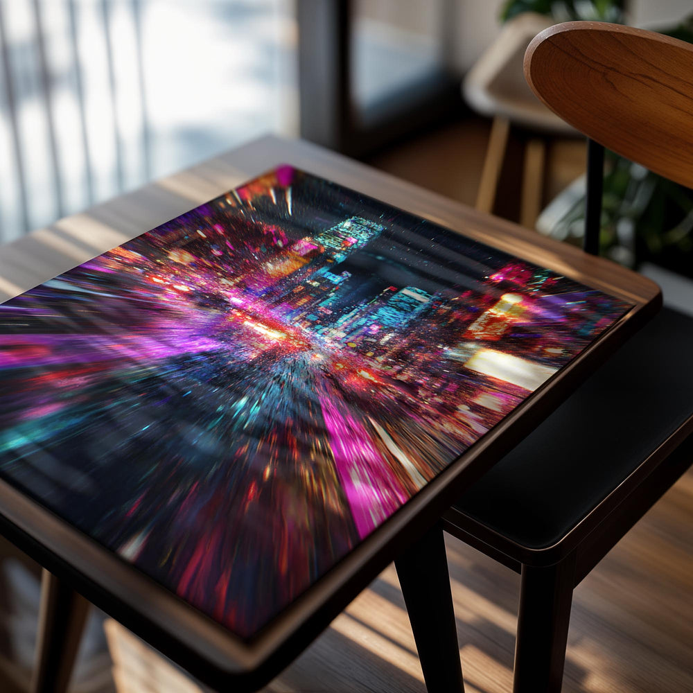 Colorful city street at night with blurred lights, as a premium aluminum metal print from GoMetalPrint.

