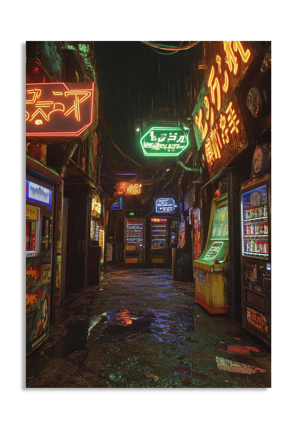 Neon-lit arcade alleyway at night with various gaming machines and signs, as a premium aluminum metal print from GoMetalPrint.
