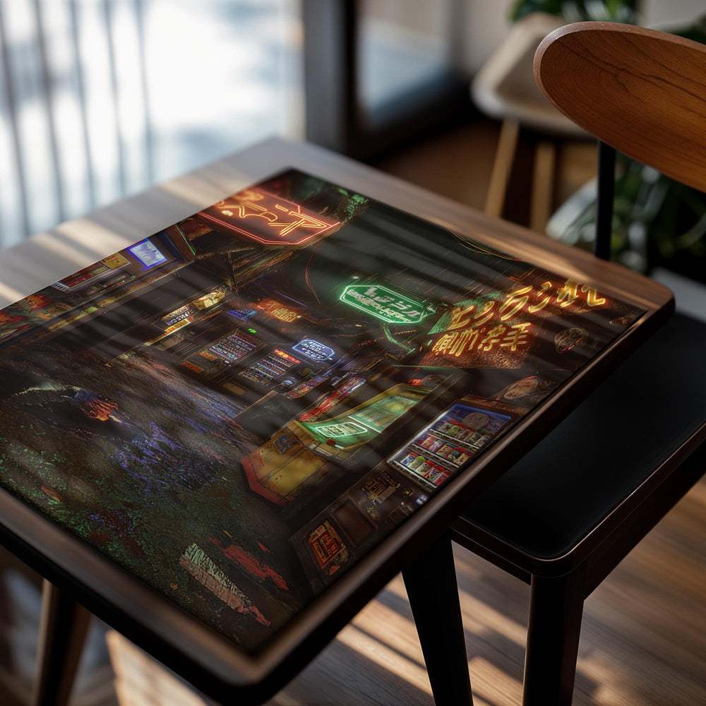 Neon-lit arcade alleyway at night with various gaming machines and signs, as a premium aluminum metal print from GoMetalPrint.
