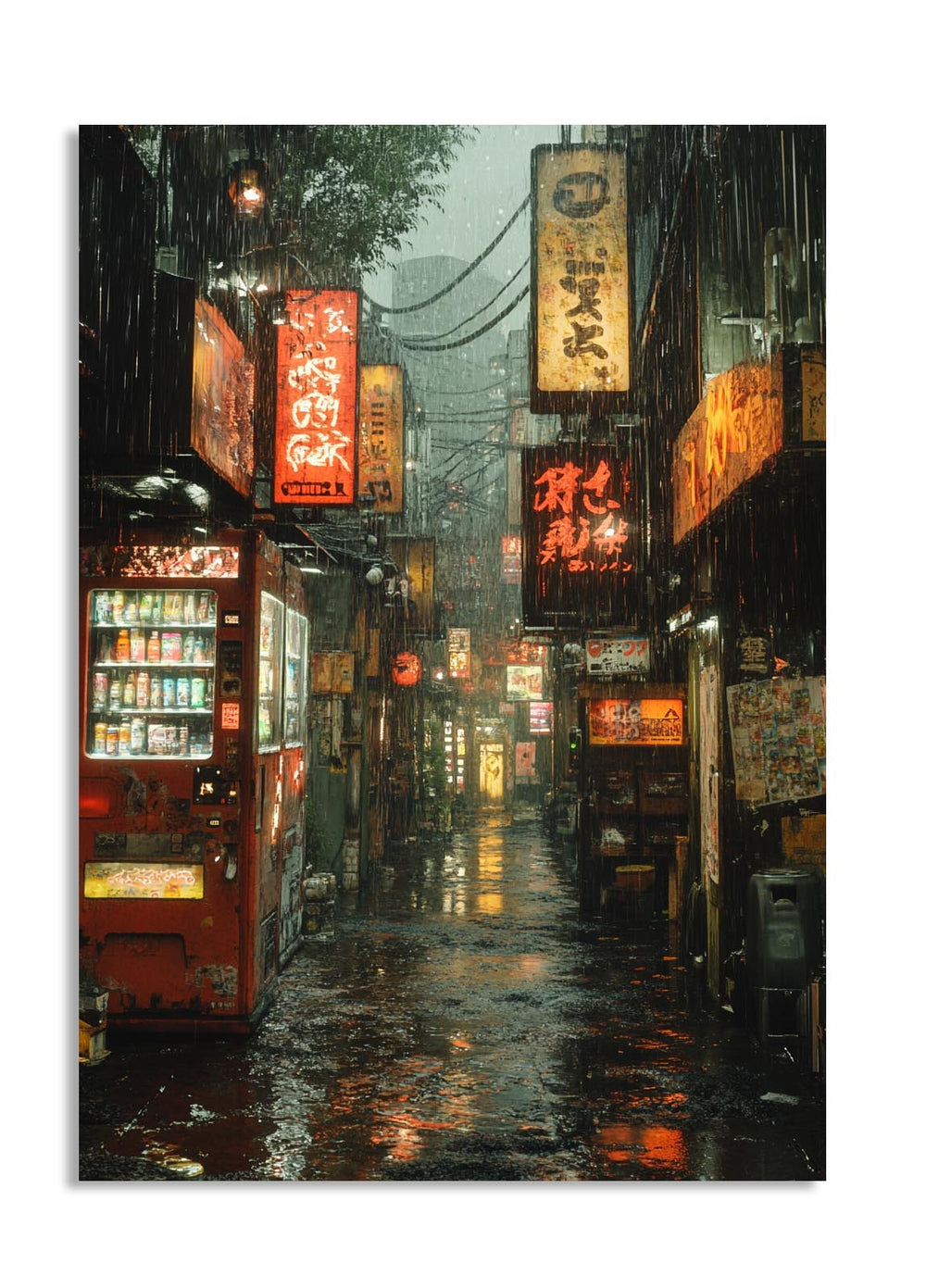Rainy street scene with illuminated signs and a vending machine in an urban ssetting, as a premium aluminum metal print from GoMetalPrint.
