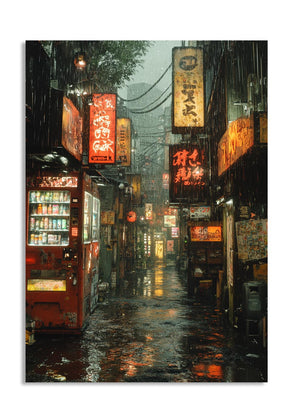 Rainy street scene with illuminated signs and a vending machine in an urban ssetting, as a premium aluminum metal print from GoMetalPrint.
