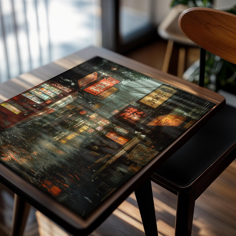 Rainy street scene with illuminated signs and a vending machine in an urban ssetting, as a premium aluminum metal print from GoMetalPrint.
