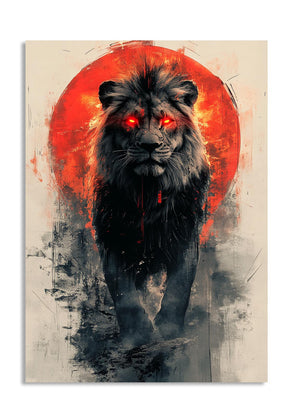 Stylized illustration of a black lion with glowing red eyes against a red circular background, as a premium aluminum metal print from GoMetalPrint.
