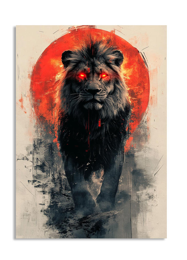 Stylized illustration of a black lion with glowing red eyes against a red circular background, as a premium aluminum metal print from GoMetalPrint.
