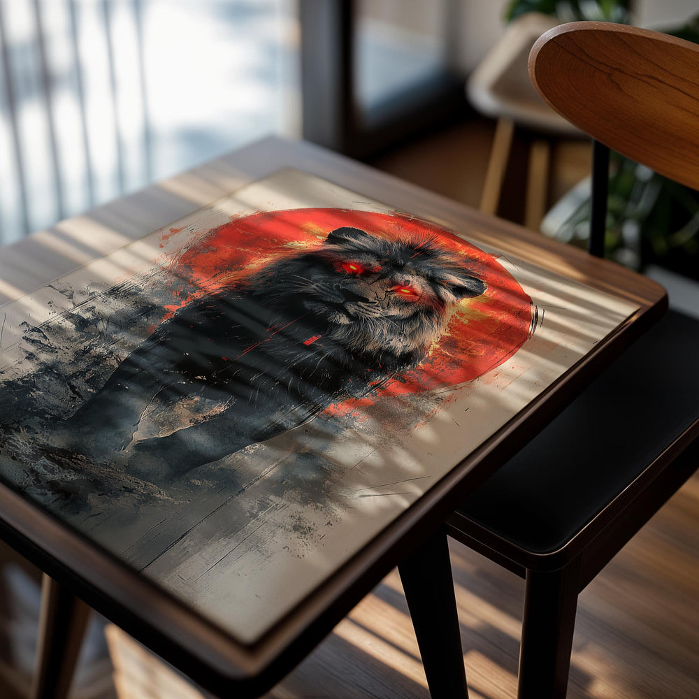Stylized illustration of a black lion with glowing red eyes against a red circular background, as a premium aluminum metal print from GoMetalPrint.
