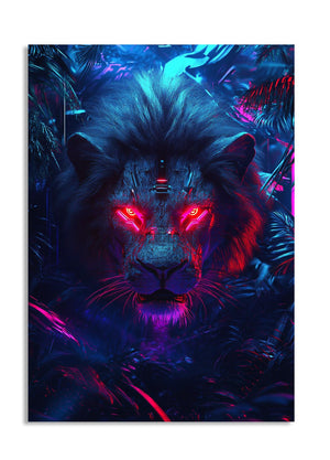Digital artwork of a lion with glowing red eyes surrounded by futuristic elements and neon colors, as a premium aluminum metal print from GoMetalPrint.
