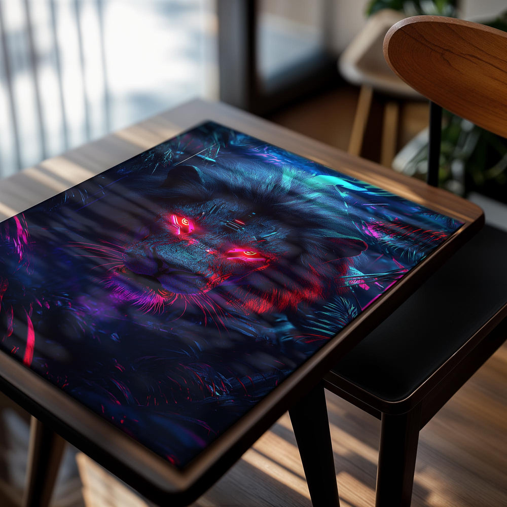 Digital artwork of a lion with glowing red eyes surrounded by futuristic elements and neon colors, as a premium aluminum metal print from GoMetalPrint.
