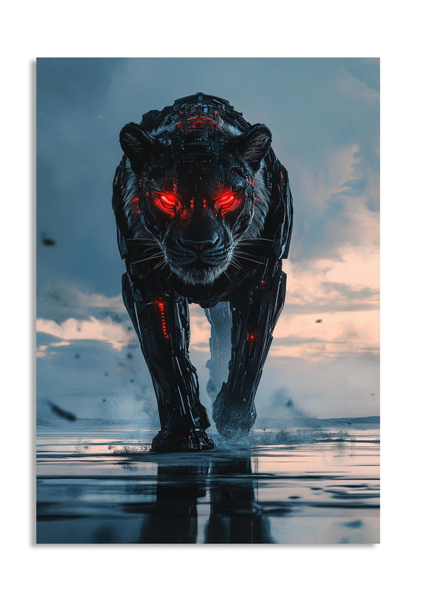 Cyborg panther with red eyes walking on water against a cloudy sky, as a premium aluminum metal print from GoMetalPrint.
